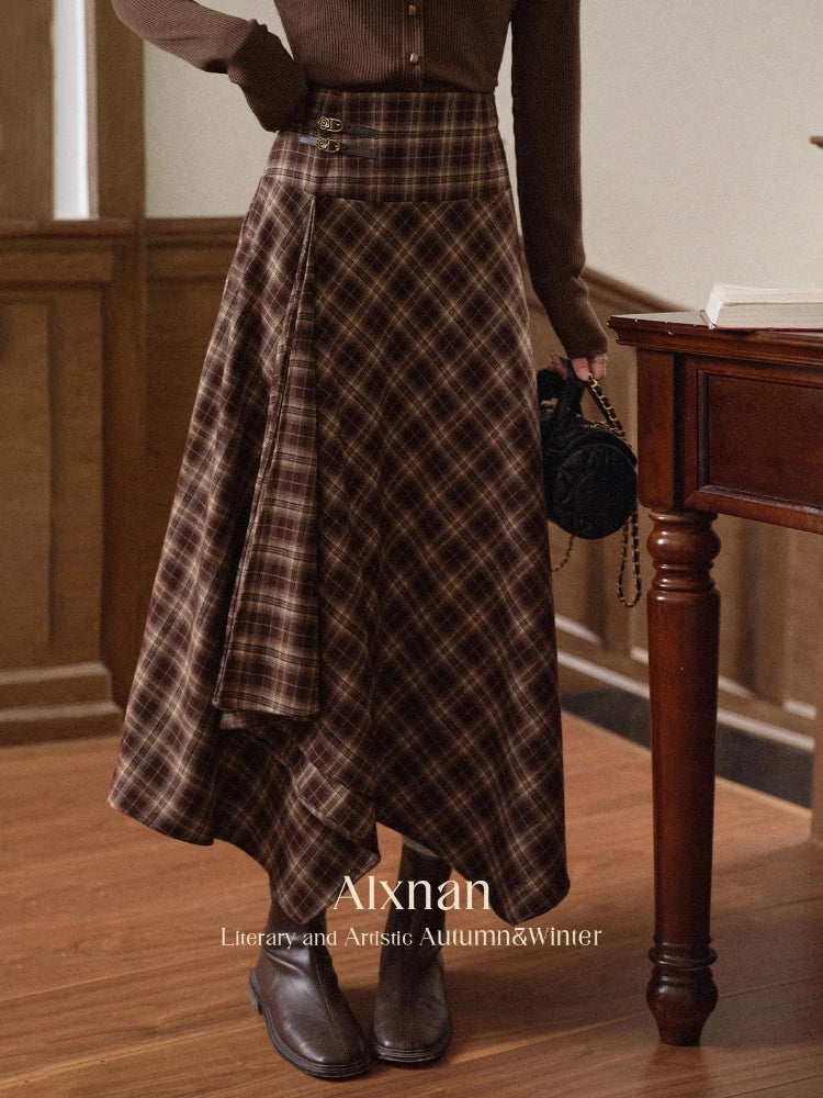 ALXNAN Plus Size Vintage Plaid Skirt Irregular Plaid Long A-line High Waist Skirts Elegant Casual Female Skirt D12727 D09272-1