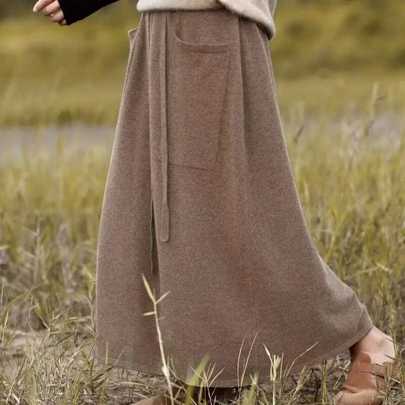 Autumn And Winter Wool Long Skirt For Girls High Waisted Solid Color Buckle Loose And Slim Fit Cashmere Knitted Skirt