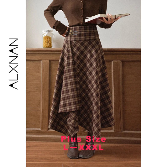 ALXNAN Plus Size Vintage Plaid Skirt Irregular Plaid Long A-line High Waist Skirts Elegant Casual Female Skirt D12727 D09272-1