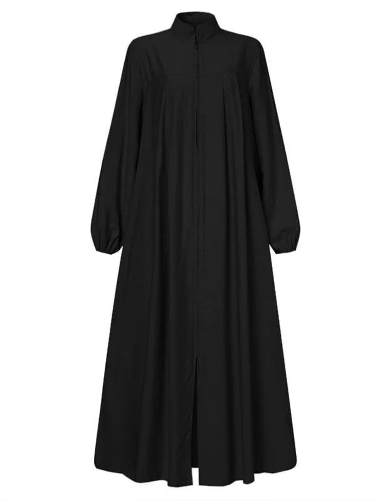 Muslim Black Dress with Small Stand-Up Collar and Zipper Pocket Design Elegant Loose and Casual Long-Sleeved Skirt
