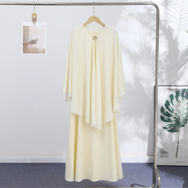 2026 New Old Money Modest 2-piece Abaya Set Elegant Pleated Cape Satin Maxi Dress 2026 New Trendy Women's Casual Dresses