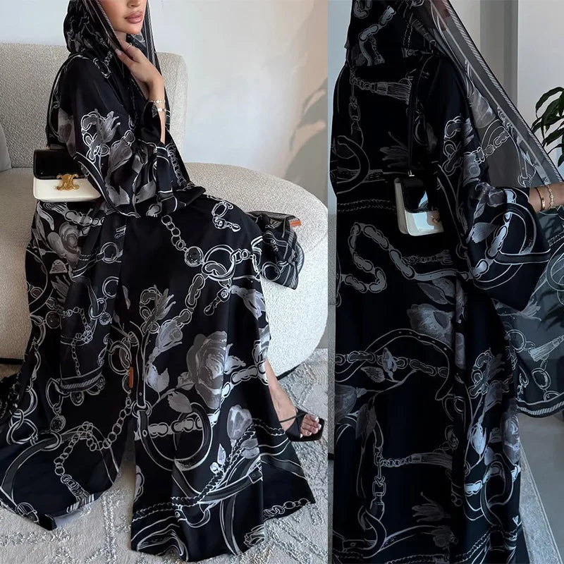 ExquisiteFloralPrint Abaya Elegant Printed TwoPiece Abaya Modest Muslim CapeCardigan Abaya Dubai Ethnic OpenFront Kaftan