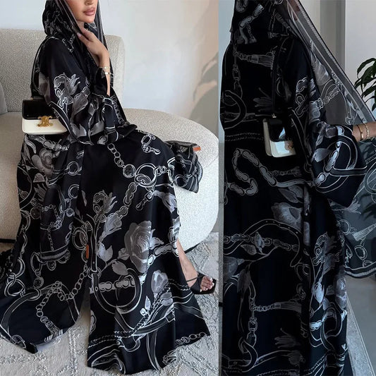 ExquisiteFloralPrint Abaya Elegant Printed TwoPiece Abaya Modest Muslim CapeCardigan Abaya Dubai Ethnic OpenFront Kaftan