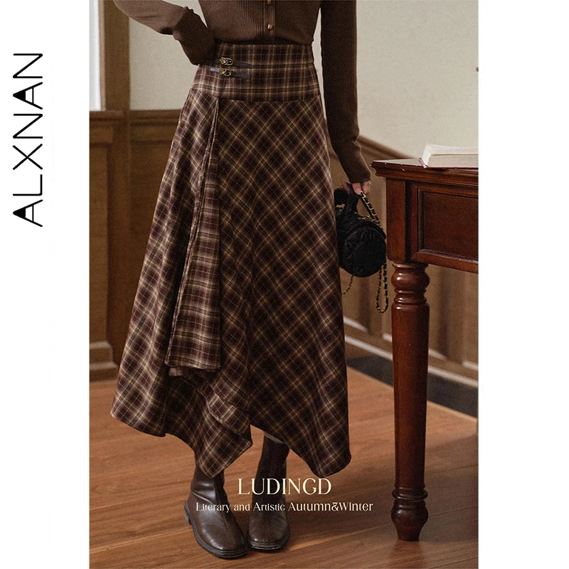 ALXNAN Plus Size Vintage Plaid Skirt Irregular Plaid Long A-line High Waist Skirts Elegant Casual Female Skirt D12727 D09272-1