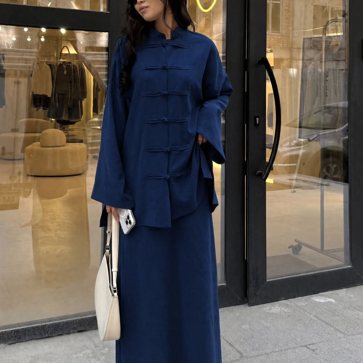 2pcs Single Breasted Top Shirt Skirts Suit Women Chinese Style Dubai Modest Abaya Full Sleeves Islam Casual Arabic Outfits