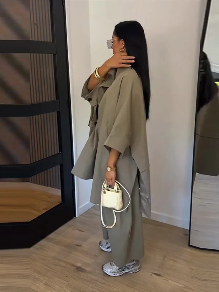 High Neck Single Button Cape Coat&Wide Leg Pants Two-Piece Set Three Quarter Sleeve Oversize 2026 Minimalist Women Casual Co-ord