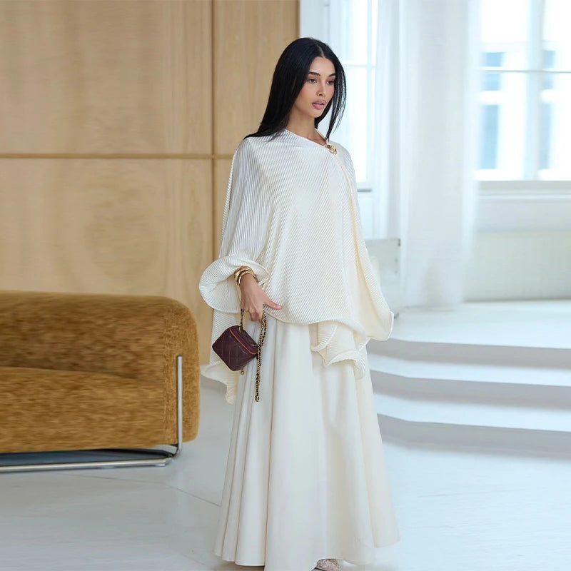2026 New Old Money Modest 2-piece Abaya Set Elegant Pleated Cape Satin Maxi Dress 2026 New Trendy Women's Casual Dresses