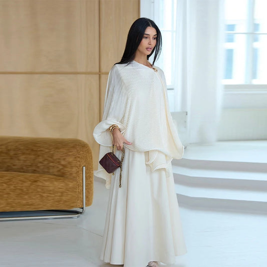 2026 New Old Money Modest 2-piece Abaya Set Elegant Pleated Cape Satin Maxi Dress 2026 New Trendy Women's Casual Dresses