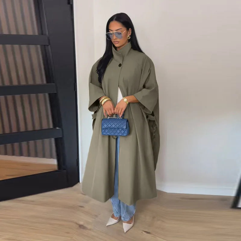 High Neck Single Button Cape Coat&Wide Leg Pants Two-Piece Set Three Quarter Sleeve Oversize 2026 Minimalist Women Casual Co-ord