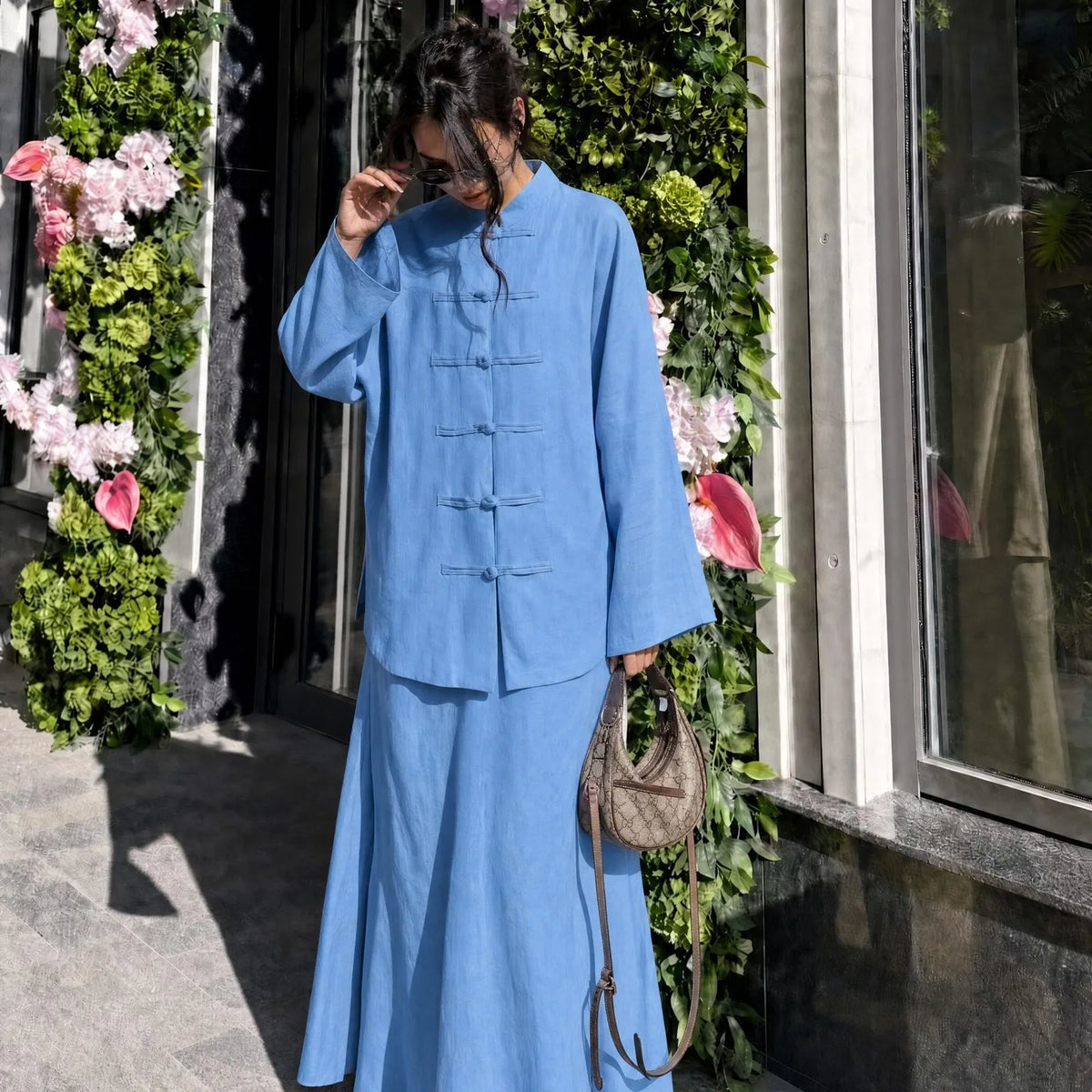 2pcs Single Breasted Top Shirt Skirts Suit Women Chinese Style Dubai Modest Abaya Full Sleeves Islam Casual Arabic Outfits