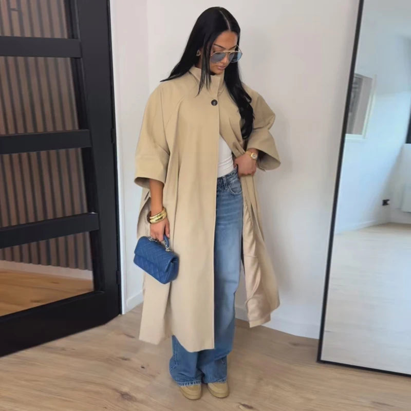 High Neck Single Button Cape Coat&Wide Leg Pants Two-Piece Set Three Quarter Sleeve Oversize 2026 Minimalist Women Casual Co-ord