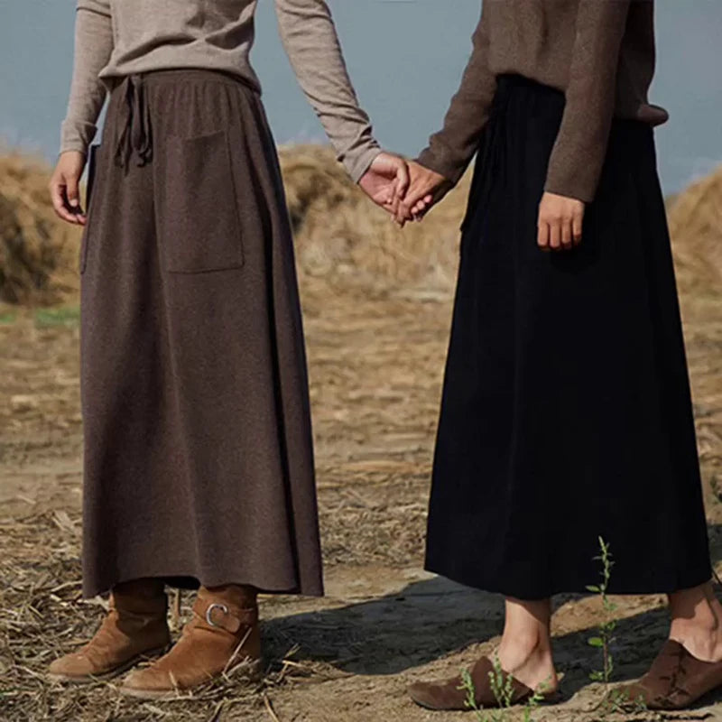 Autumn And Winter Wool Long Skirt For Girls High Waisted Solid Color Buckle Loose And Slim Fit Cashmere Knitted Skirt