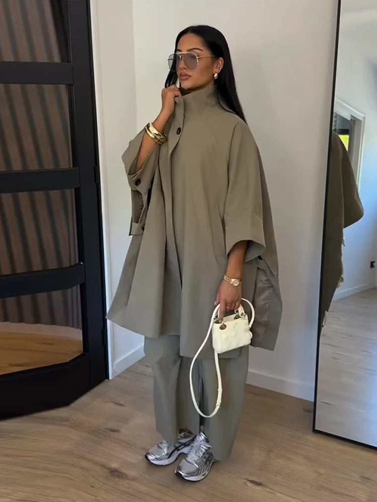 High Neck Single Button Cape Coat&Wide Leg Pants Two-Piece Set Three Quarter Sleeve Oversize 2026 Minimalist Women Casual Co-ord