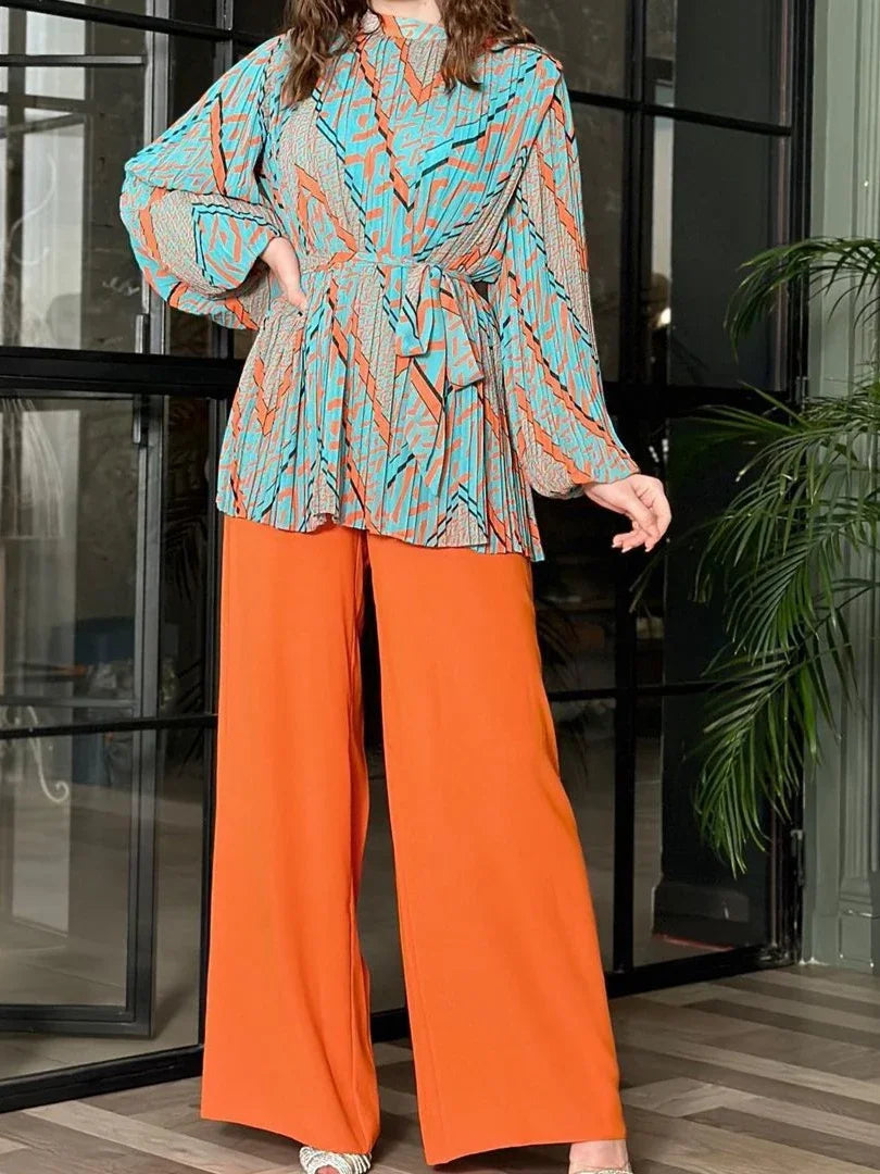 Casual Dubai Eid Women Muslim Two Piece Sets Long Sleeve Tops+loose Pants Set Ladies Musulman Ensembles Maxi Suits 2024