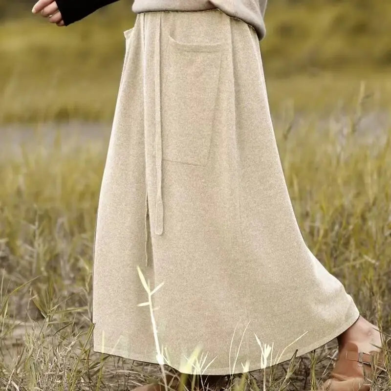 Autumn And Winter Wool Long Skirt For Girls High Waisted Solid Color Buckle Loose And Slim Fit Cashmere Knitted Skirt