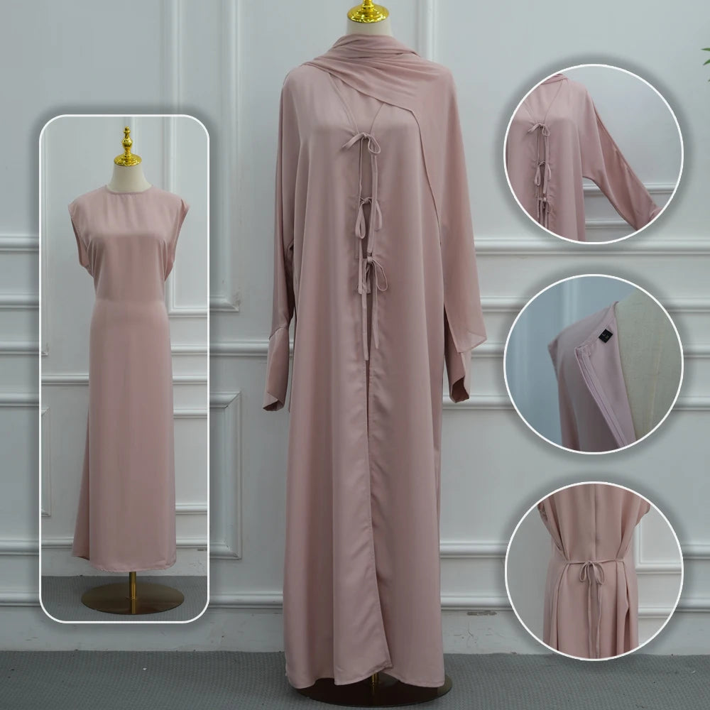 Modest Muslim Women Abaya Dress Set with Chiffon Shawl Scarf Hijab, Hijabi Dubai Islamic Clothing: Sleeveless Dress+Open Abaya