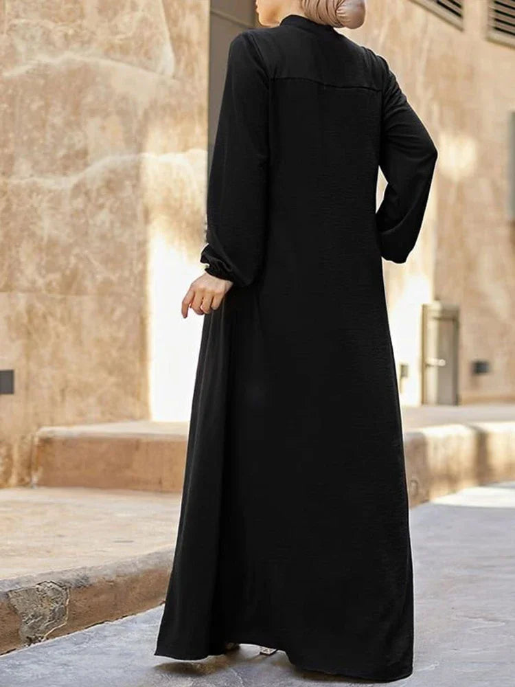 Muslim Black Dress with Small Stand-Up Collar and Zipper Pocket Design Elegant Loose and Casual Long-Sleeved Skirt