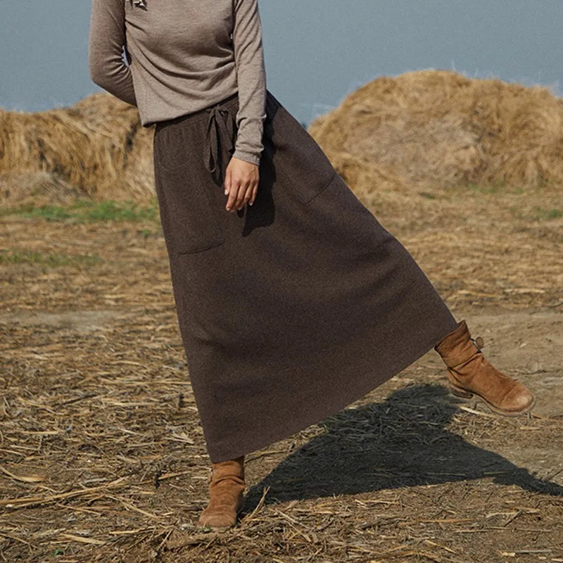 Autumn And Winter Wool Long Skirt For Girls High Waisted Solid Color Buckle Loose And Slim Fit Cashmere Knitted Skirt