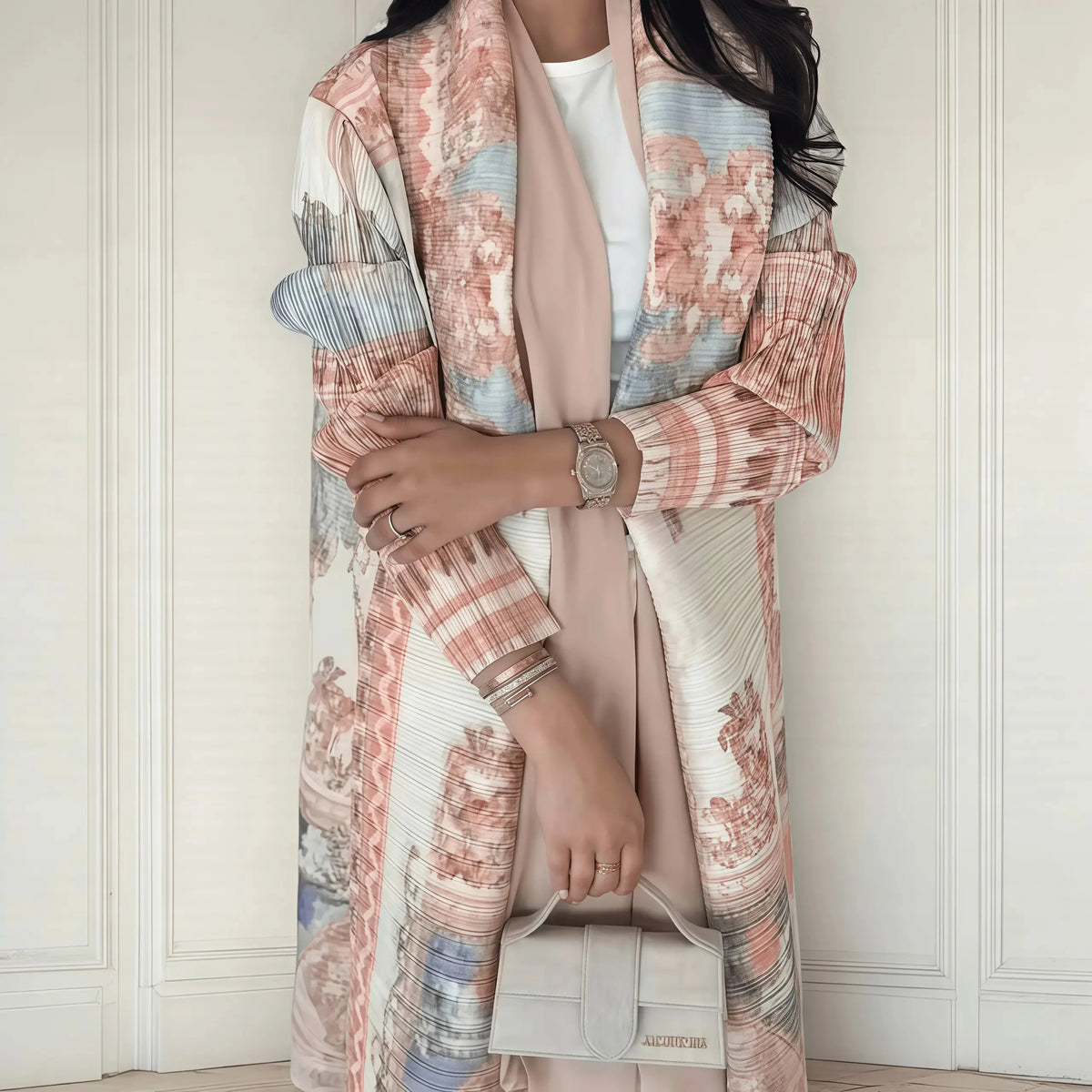 Fold Elegant Vintage Print Open Front  Miyake Abaya, Lightweight Flowy Loose Fit Women's Modest Fashion Long Kimono Cardigan