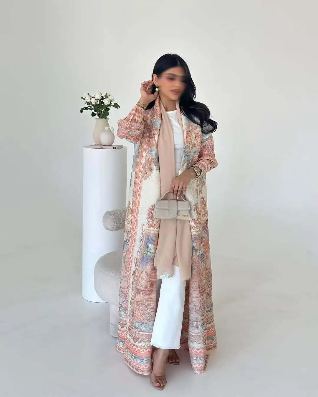 Fold Elegant Vintage Print Open Front  Miyake Abaya, Lightweight Flowy Loose Fit Women's Modest Fashion Long Kimono Cardigan