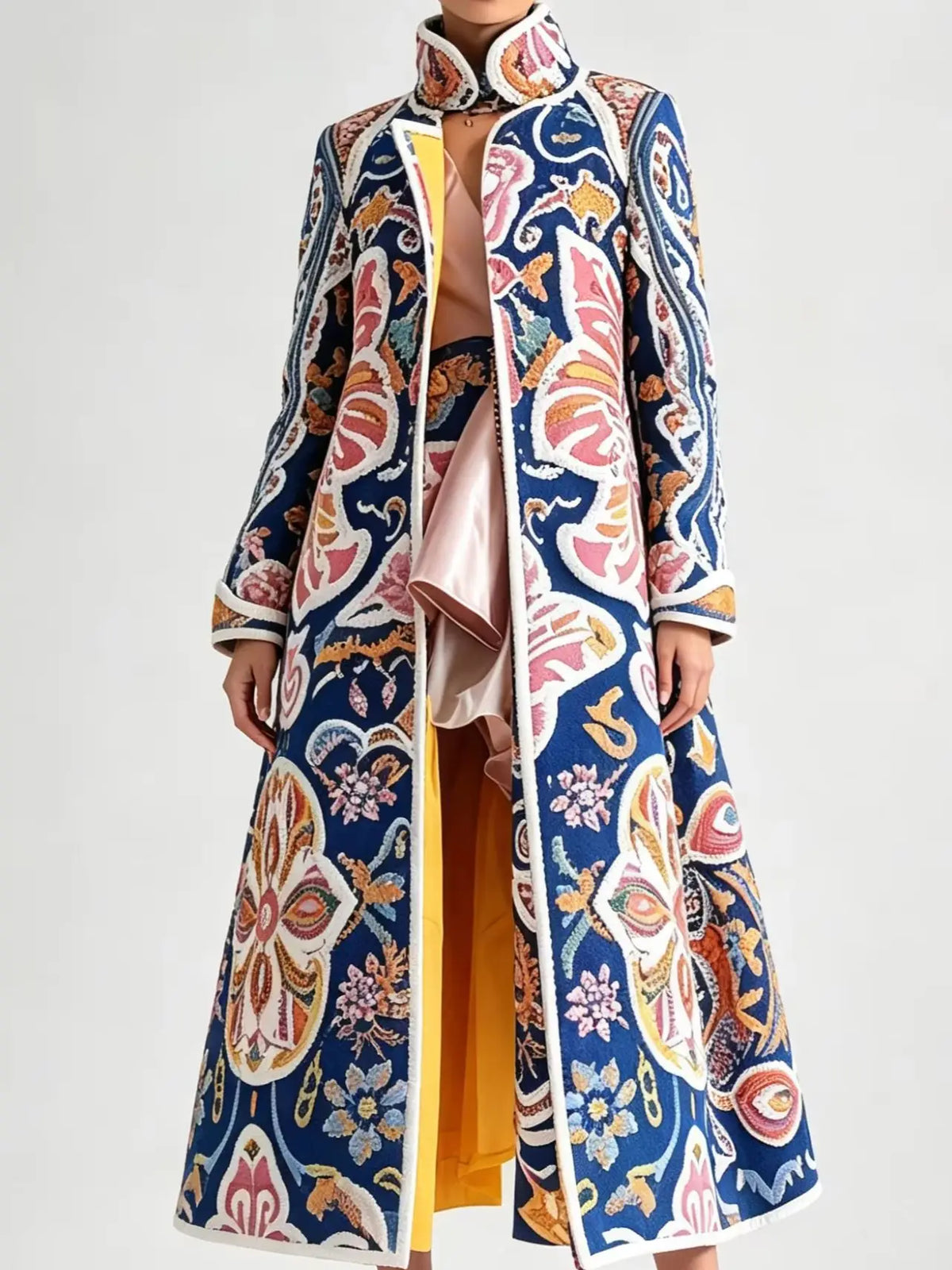 Luxury Boho Floral Jacquard Long Trench Coat Women Vintage Ethnic Embroidered Maxi Windbreaker Autumn Winter Aesthetic Overcoat