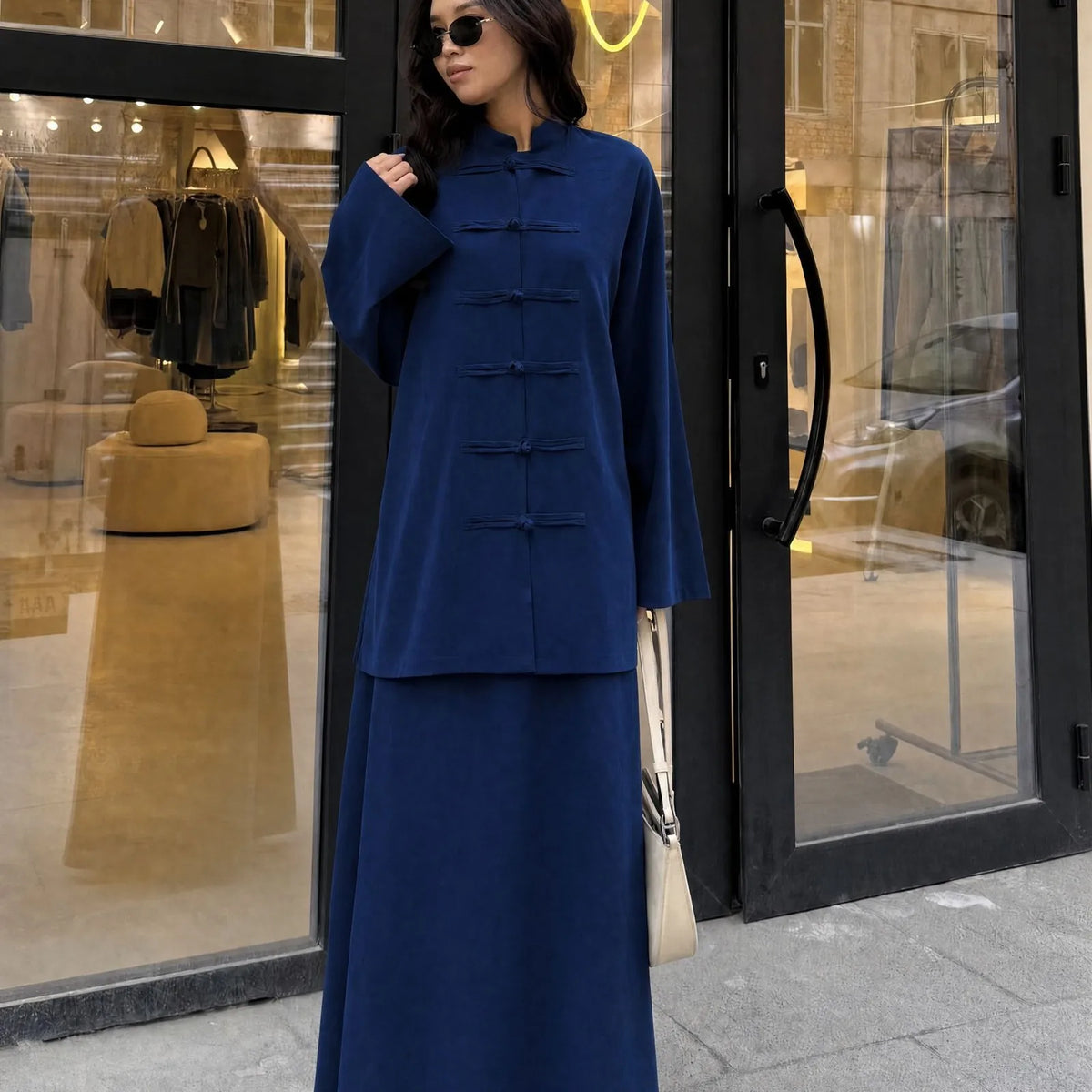 2pcs Single Breasted Top Shirt Skirts Suit Women Chinese Style Dubai Modest Abaya Full Sleeves Islam Casual Arabic Outfits