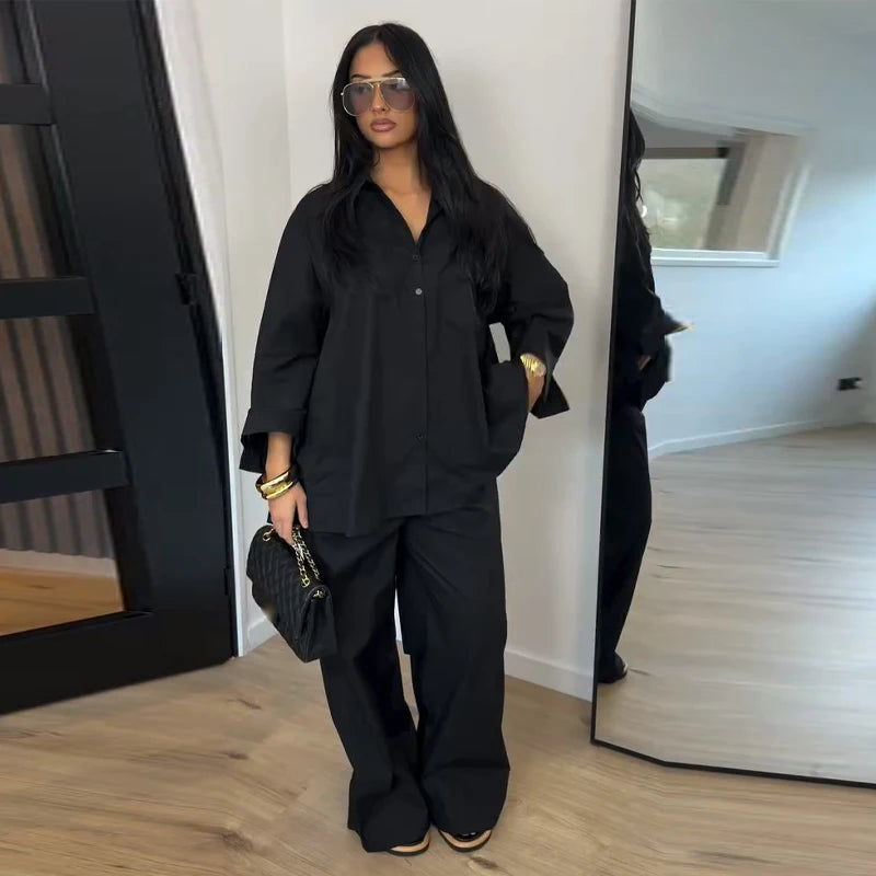 High Neck Single Button Cape Coat&Wide Leg Pants Two-Piece Set Three Quarter Sleeve Oversize 2026 Minimalist Women Casual Co-ord