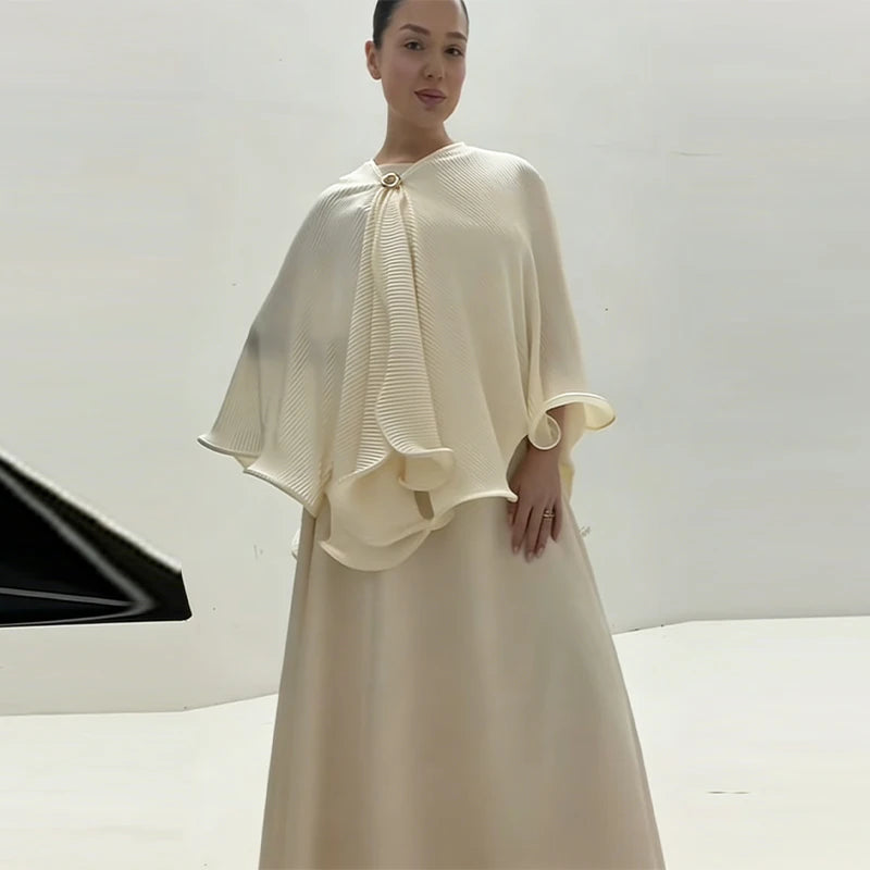 2026 New Old Money Modest 2-piece Abaya Set Elegant Pleated Cape Satin Maxi Dress 2026 New Trendy Women's Casual Dresses