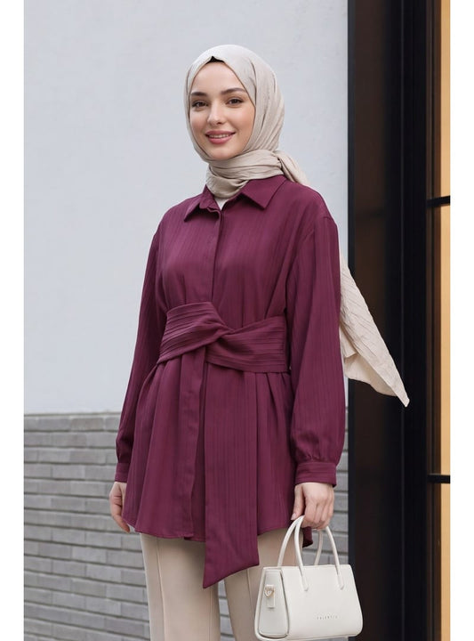 Ribbed Crinkle Tunic Tie Waist Burgundy