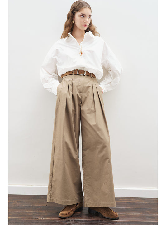 Wide Pleated Gabardine Trousers Khaki