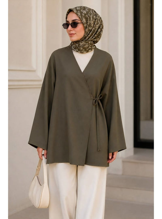Khaki Crossover Neck Side Tie Kimono Tunic Summer