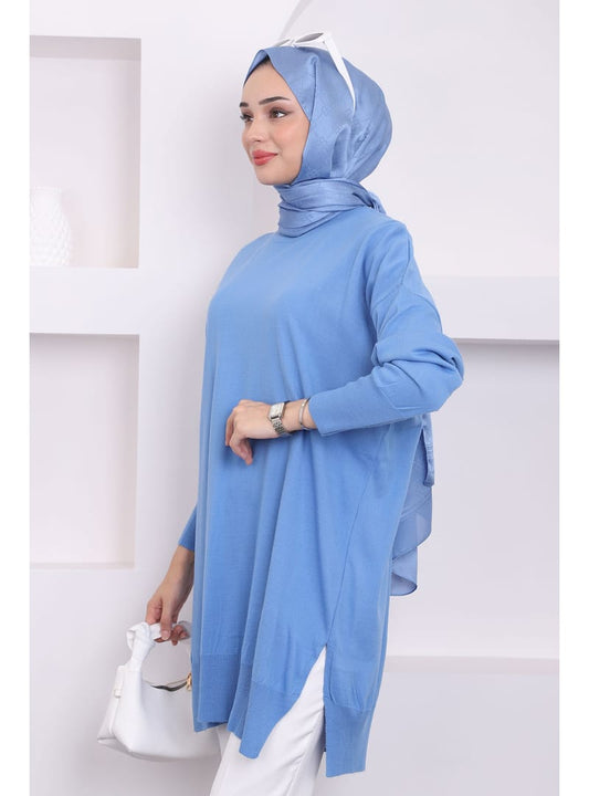 Indigo Crew Neck Mercerized Loose Knit Tunic