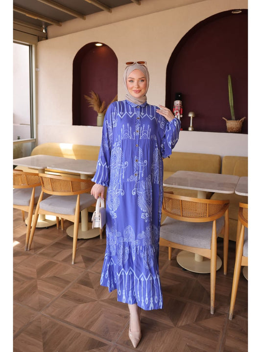 Half Button Sleeve Elastic Viscose Dress Layered Skirt Blue