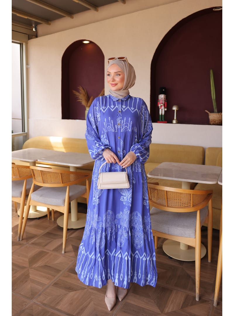 Half Button Sleeve Elastic Viscose Dress Layered Skirt Blue