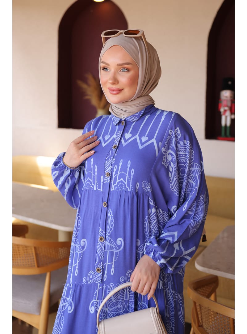 Half Button Sleeve Elastic Viscose Dress Layered Skirt Blue