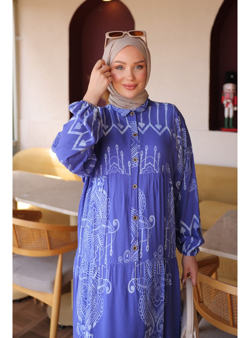 Half Button Sleeve Elastic Viscose Dress Layered Skirt Blue