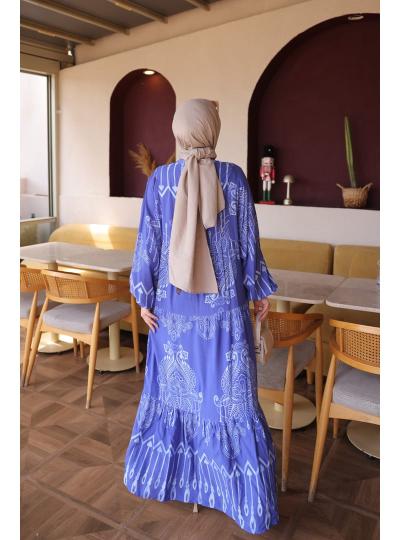 Half Button Sleeve Elastic Viscose Dress Layered Skirt Blue
