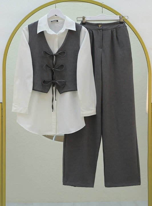 Lace-Up Front Vest Trouser Two-Piece Linen Look Set Charcoal