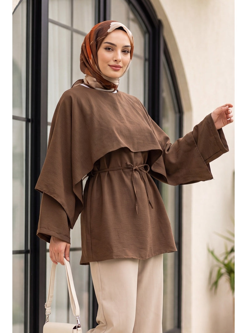 Cape Detail Belted Voile Tunic Brown
