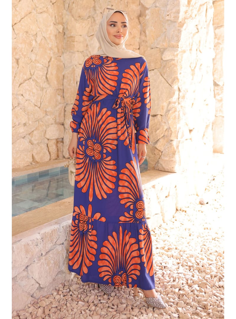 Navy Blue Patterned Layered Skirt Viscose Dress