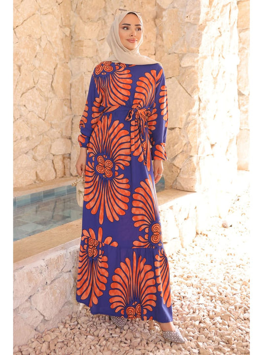 Navy Blue Patterned Layered Skirt Viscose Dress