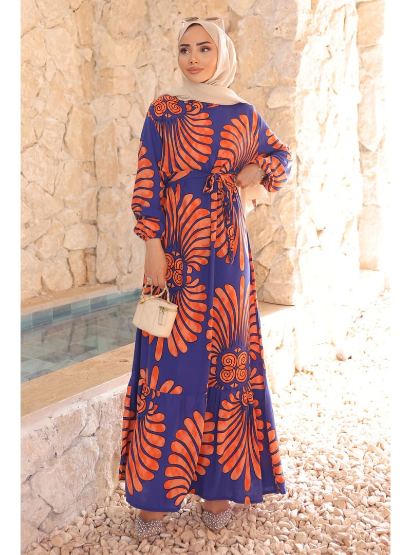 Navy Blue Patterned Layered Skirt Viscose Dress
