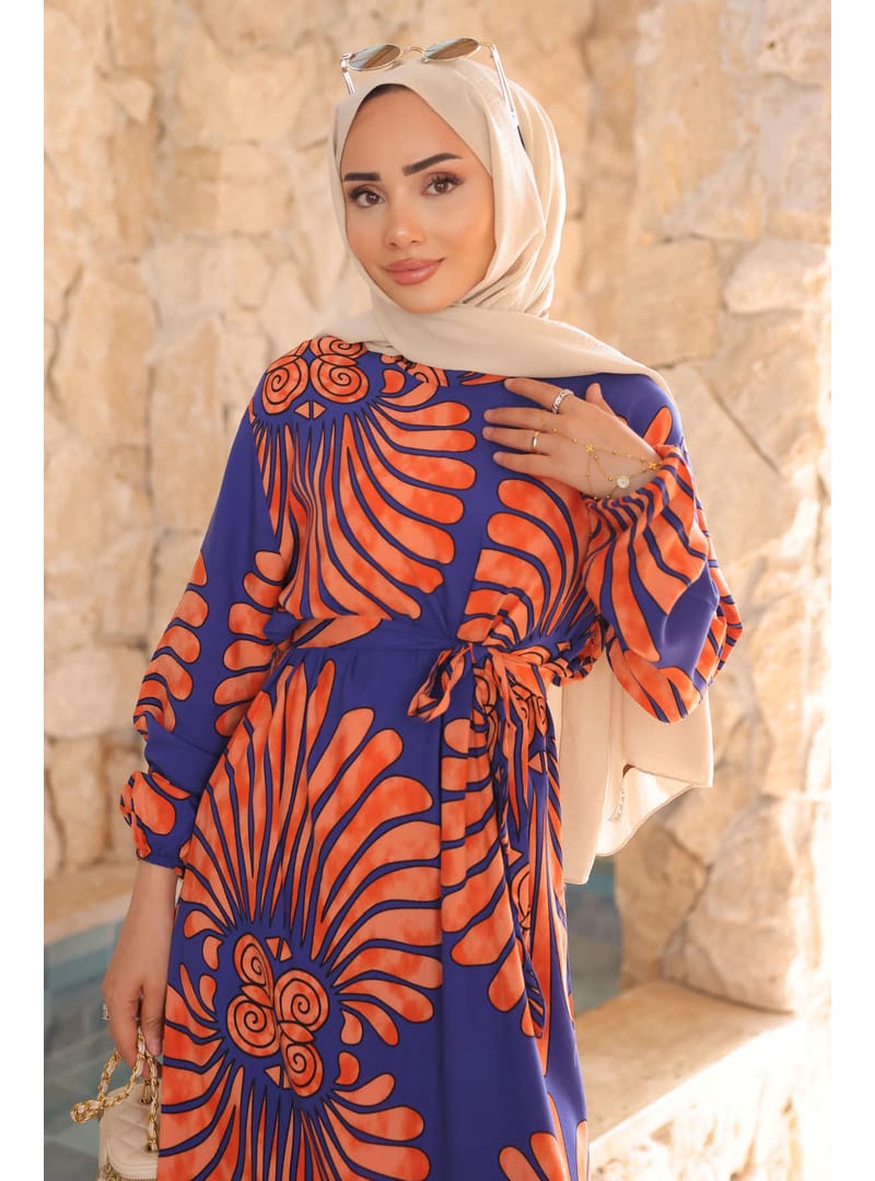 Navy Blue Patterned Layered Skirt Viscose Dress
