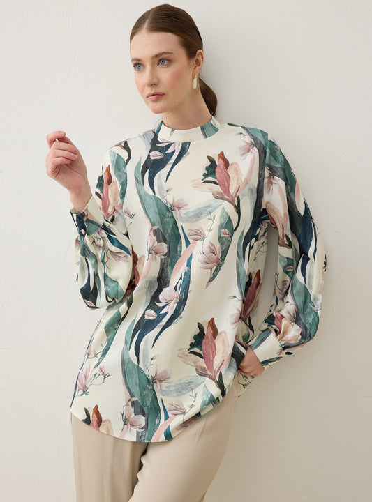 Printed Basic Tunic Green Leaf Pattern Refka