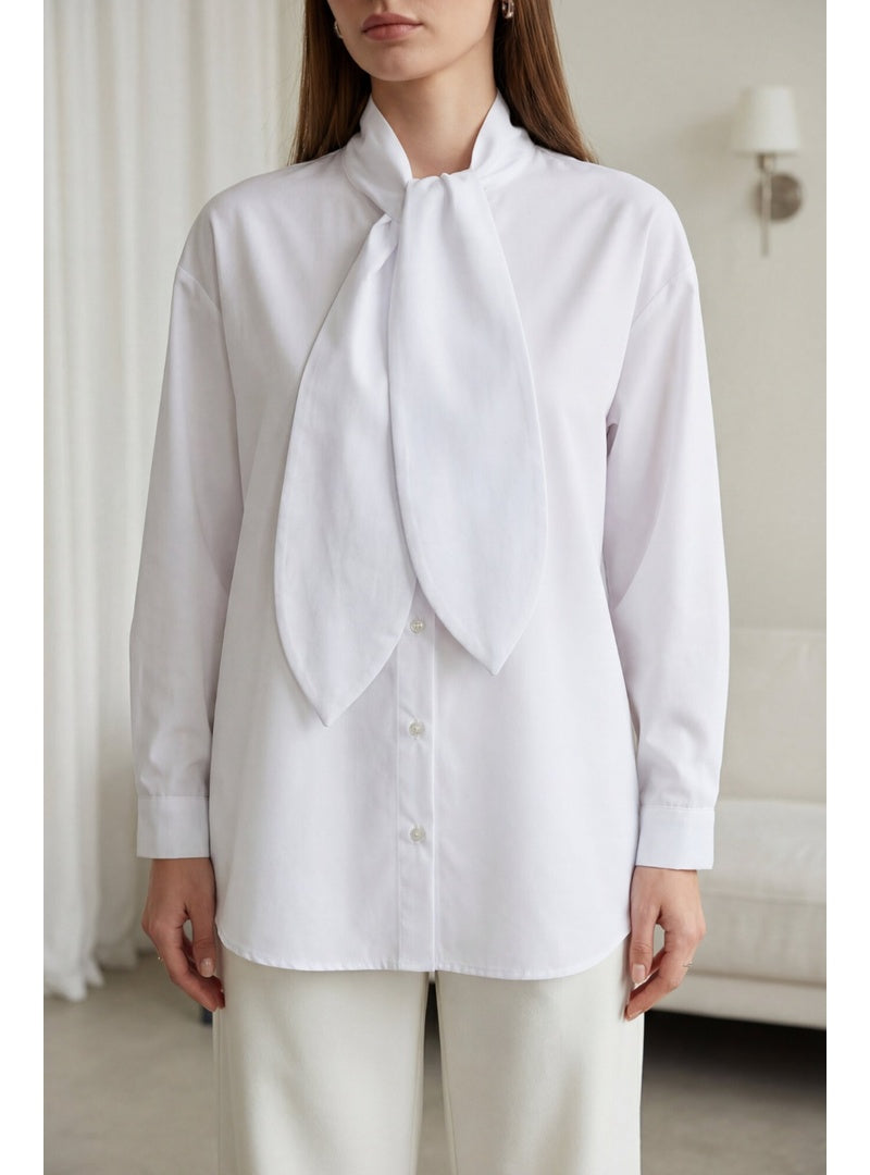 Tie Neck Buttoned Oversize Poplin Shirt White