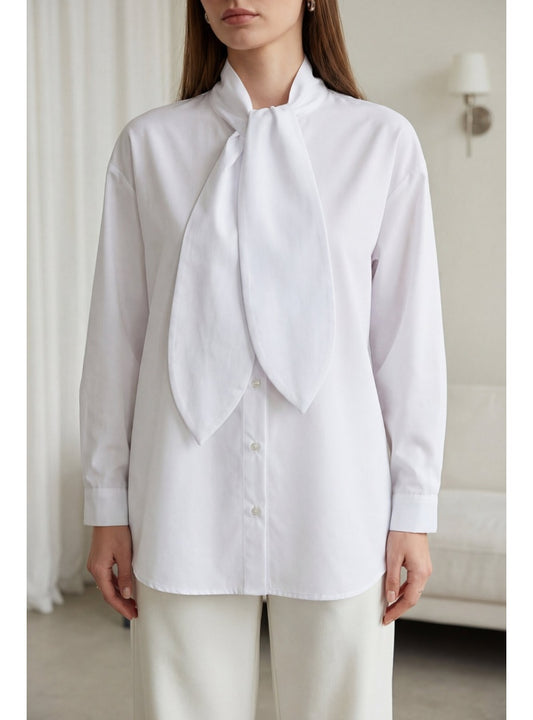 Tie Neck Buttoned Oversize Poplin Shirt White
