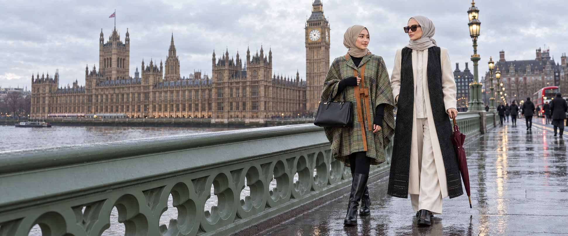Two women in layered modest fashion on a cool rainy day
