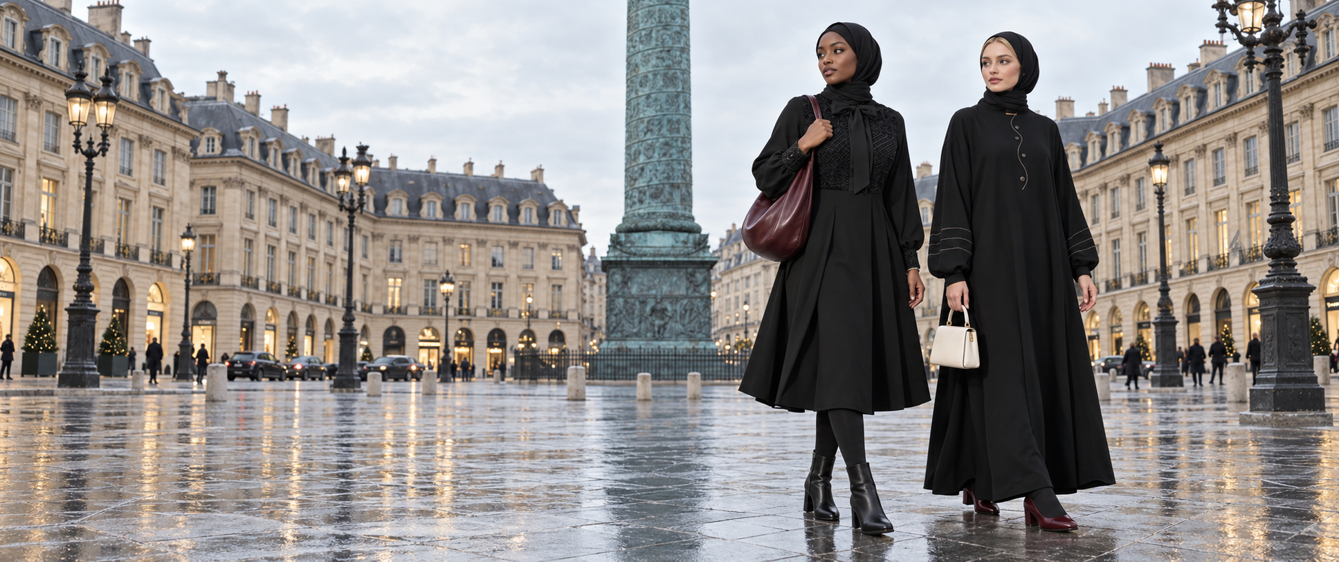 Two women wearing elegant black modest dresses