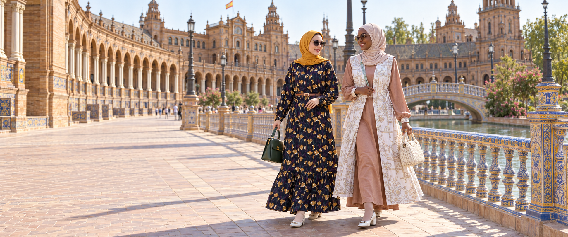 Two women in floral modest dresses in warm sunshine